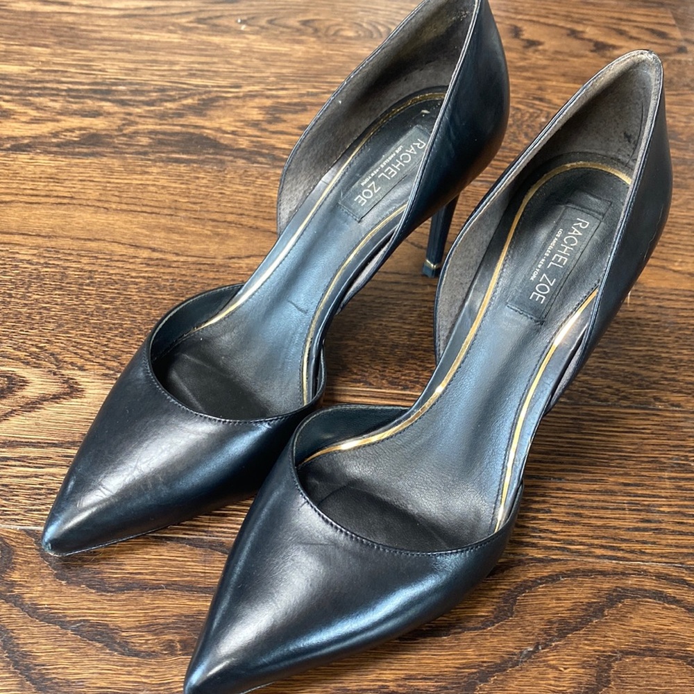 Rachel Zoe Black Leather Pointed D'Orsay Pumps with Gold Metallic Detail, Size 9